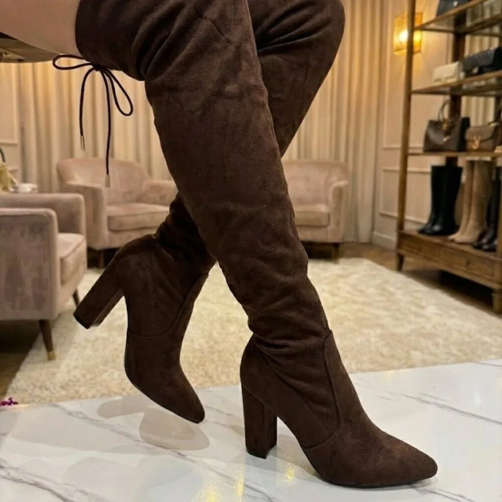 NWT Bamboo Dark Brown Suede OTK Boots 👠 3.5" Block Heel Thigh High Glam - Picture 3 of 8